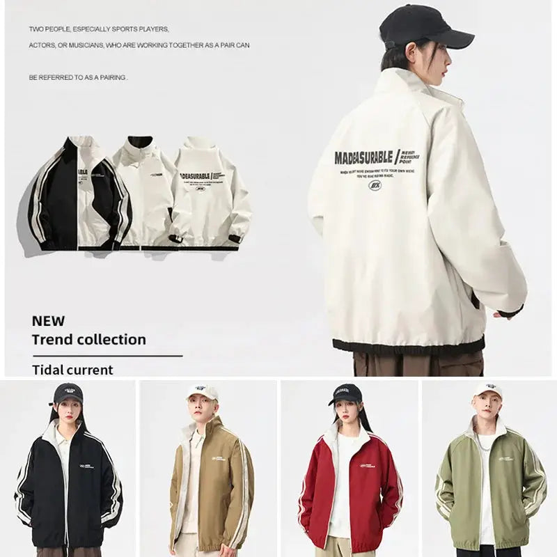 Simples Market reversible windproof jacket; two-sided outdoor coat for men and women, splashproof, 8 color variants displayed.