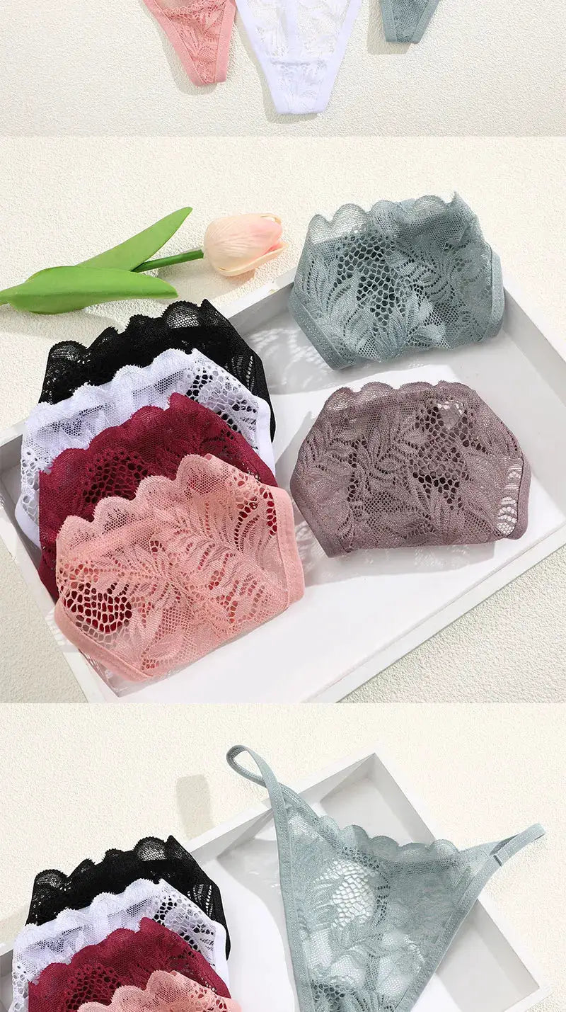 6-piece lace panties set for women by Simples Market; low-rise, floral lace, assorted colors
