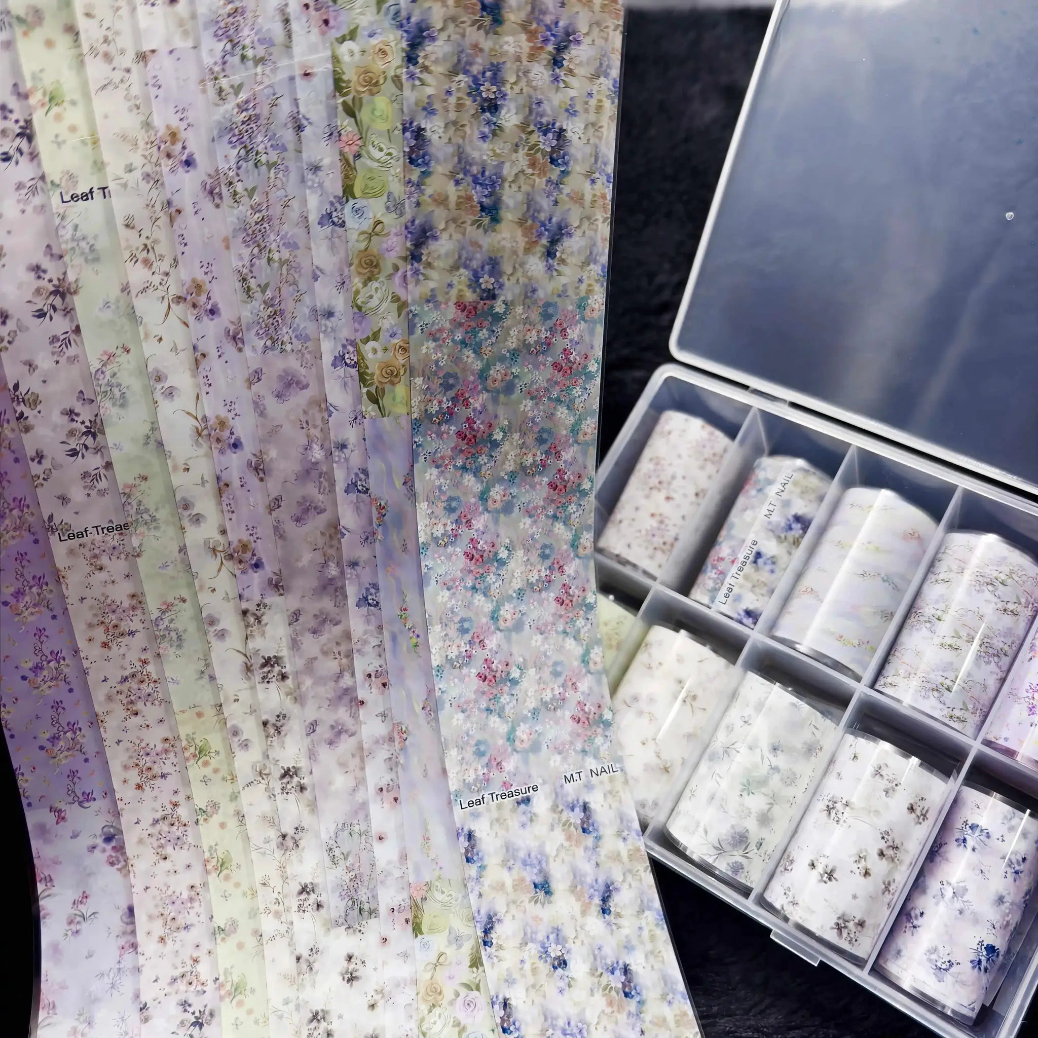 Floral nail foil sheets set, 10 rolls with pastel flowers for transfer nail art stickers and decals