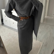 Grey blazer suit set for women with polo neck cape blouse and long straight skirt, brown belt