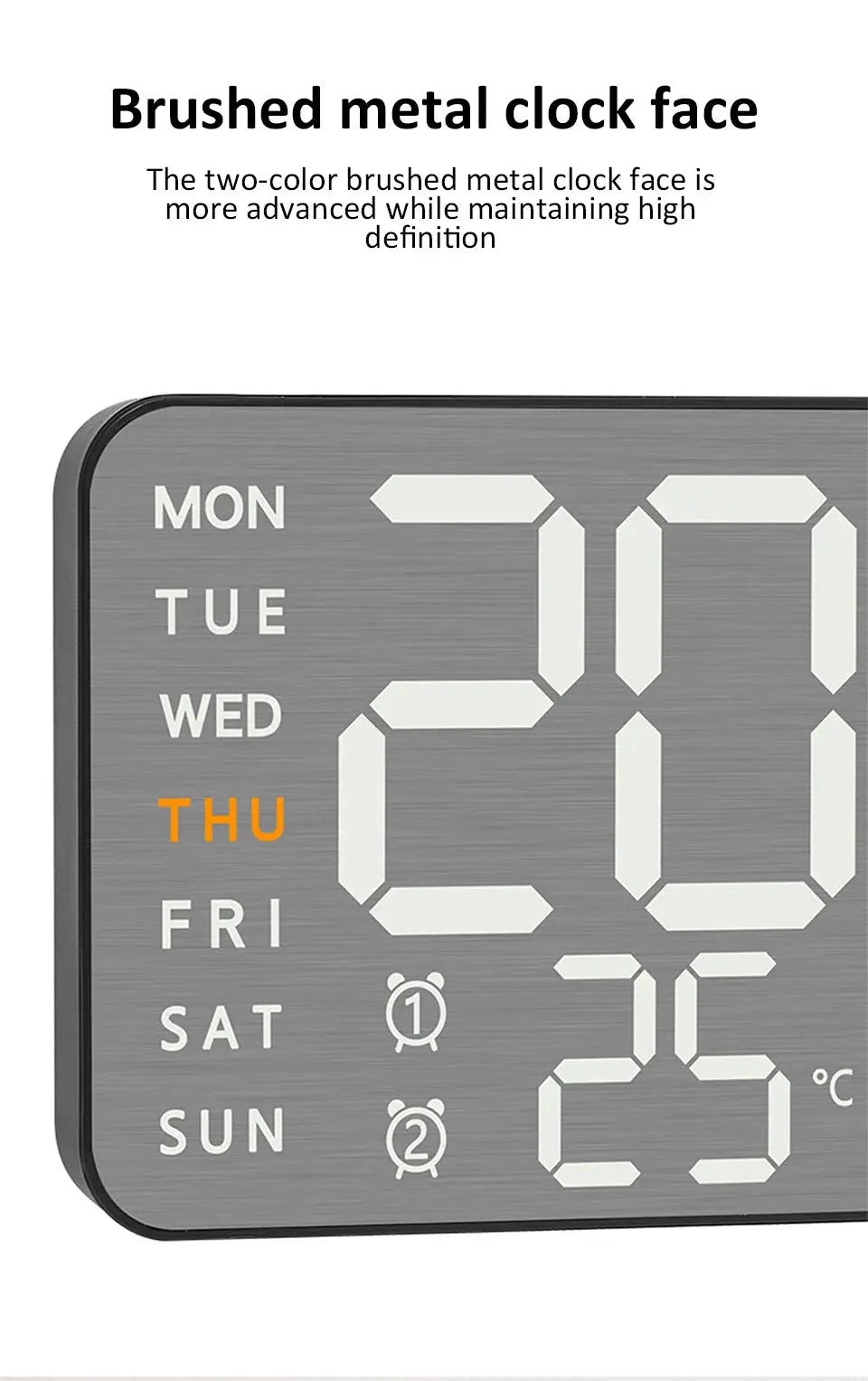 Brushed metal wall clock with large white digital numerals and weekday indicators on the left