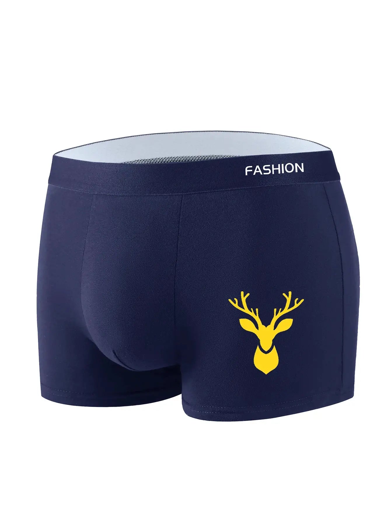 Men's navy blue boxer briefs with a yellow deer graphic on the side and a white waistband labeled FASHION