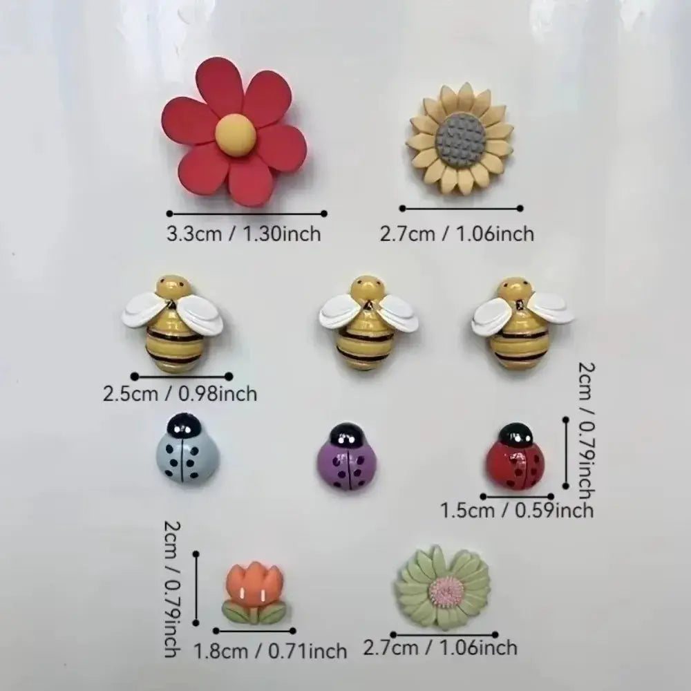 10-piece refrigerator magnets set featuring colorful flowers, bees and ladybugs