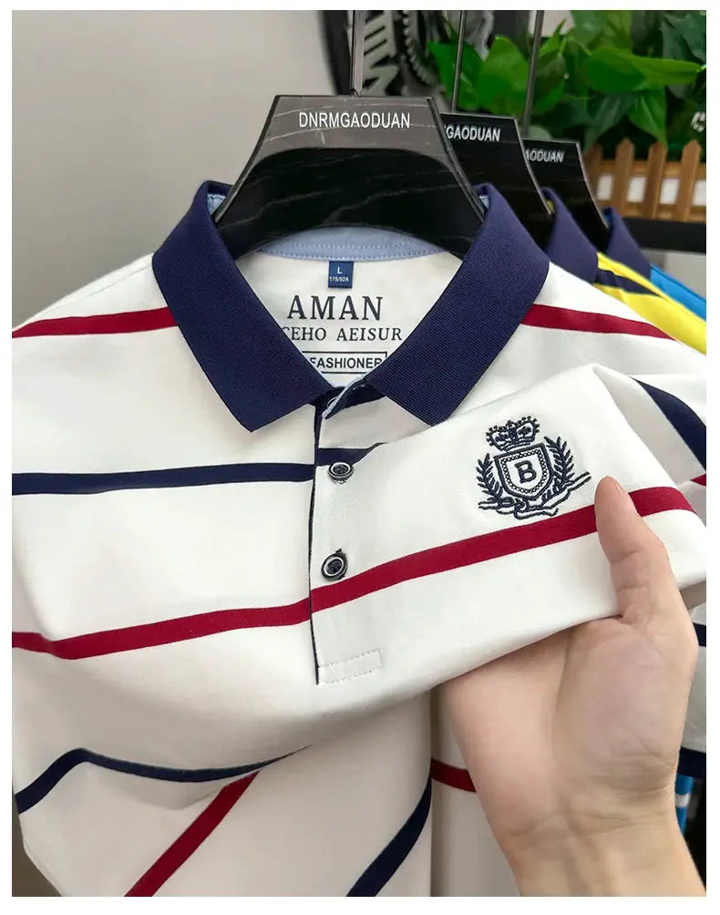 Polo shirt; Simples Market striped white with navy collar, red stripes and chest crest embroidery; three on hangers