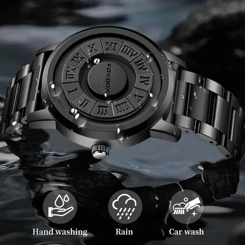 FOXBOX wristwatch in black stainless steel with Roman numeral dial and waterproof quartz