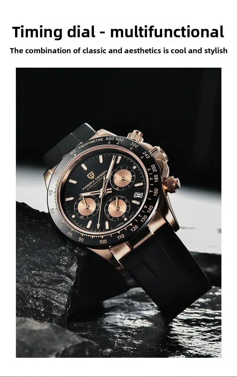 Pagani Design chronograph watch with rose-gold stainless steel case, black dial and black silicone strap.