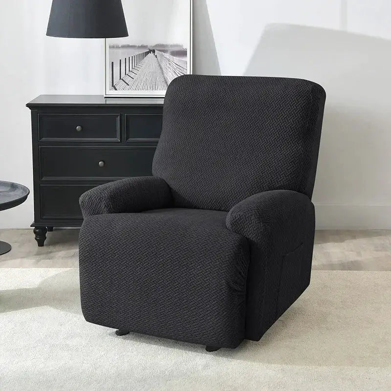 Jacquard stretch recliner chair cover in dark charcoal fabric, non-slip slipcover for living room