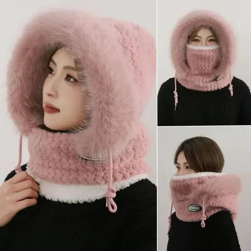 ArcticGuard Thermal Plush Hat Hood Scarf Mask Women Windproof Thick Design Outdoor Riding Gear