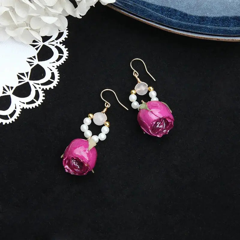 Unique red rose epoxy resin drop earrings with white bead accents, set of 2