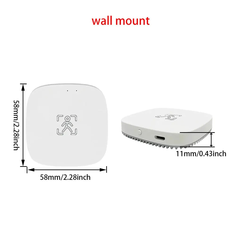 White wall-mount ZigBee WiFi mmWave presence sensor with luminance and distance detection (5/110/220V), 2 views