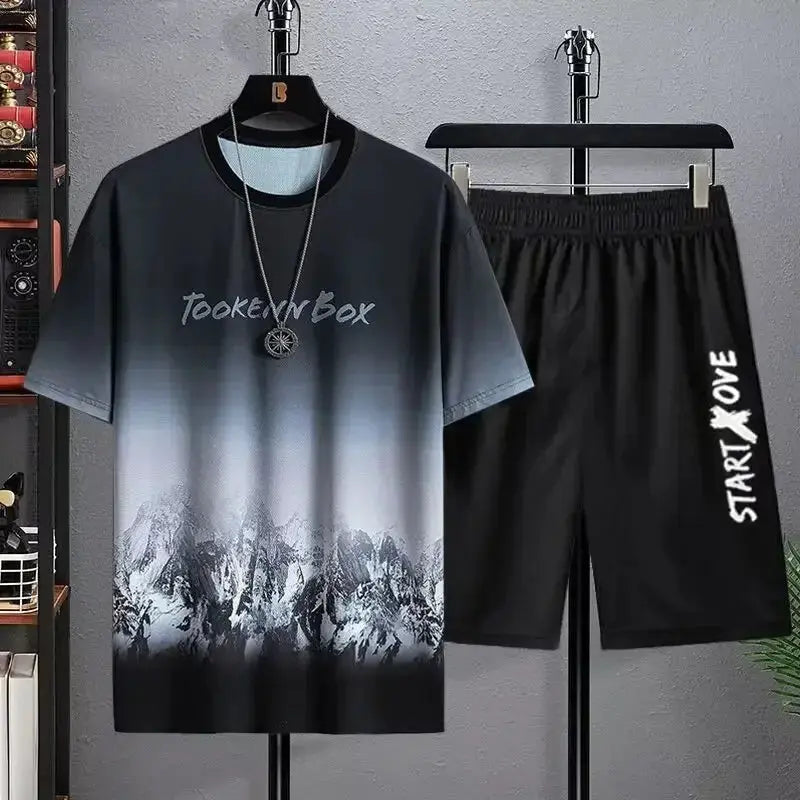 Men Summer Quick Dry Breathable 3D Printed Tee And Shorts Sports Set For Gym And Casual Wear
