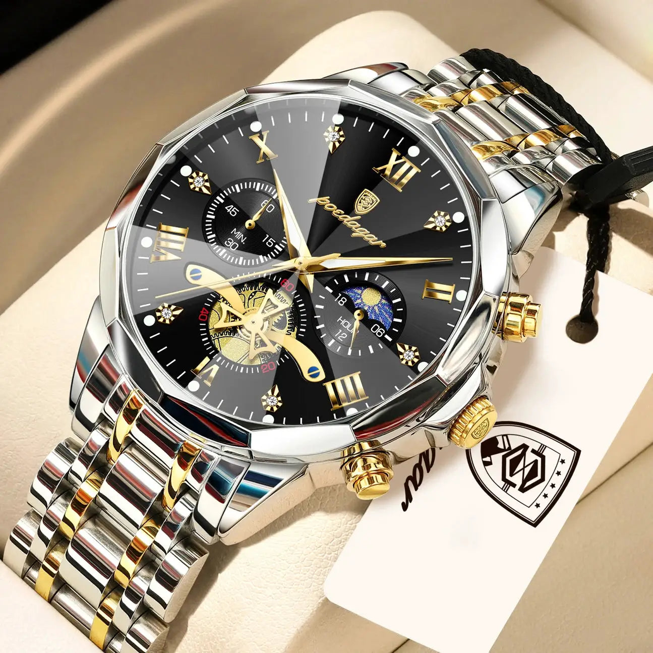 POEDAGAR Exquisite Business Mens Watch Waterproof Luminous Chronograph Luxury Stainless Steel Quartz Wristwatch