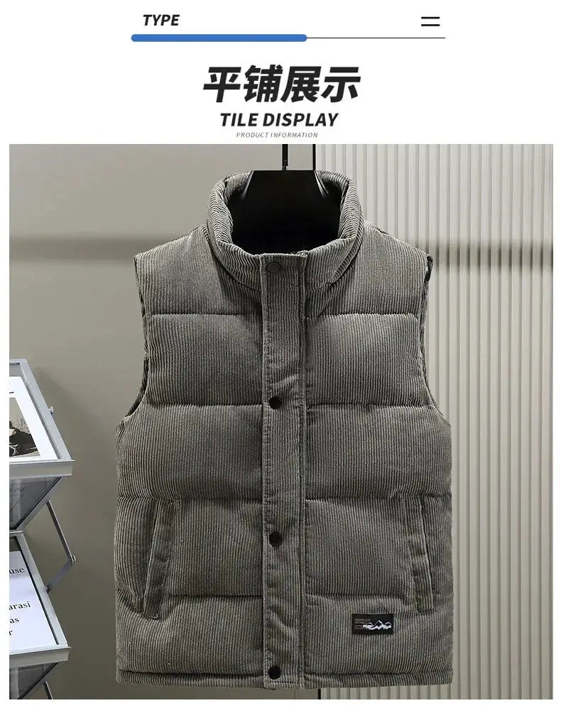 Simples Market men's padded corduroy vest, gray sleeveless zip jacket with stand-up collar.