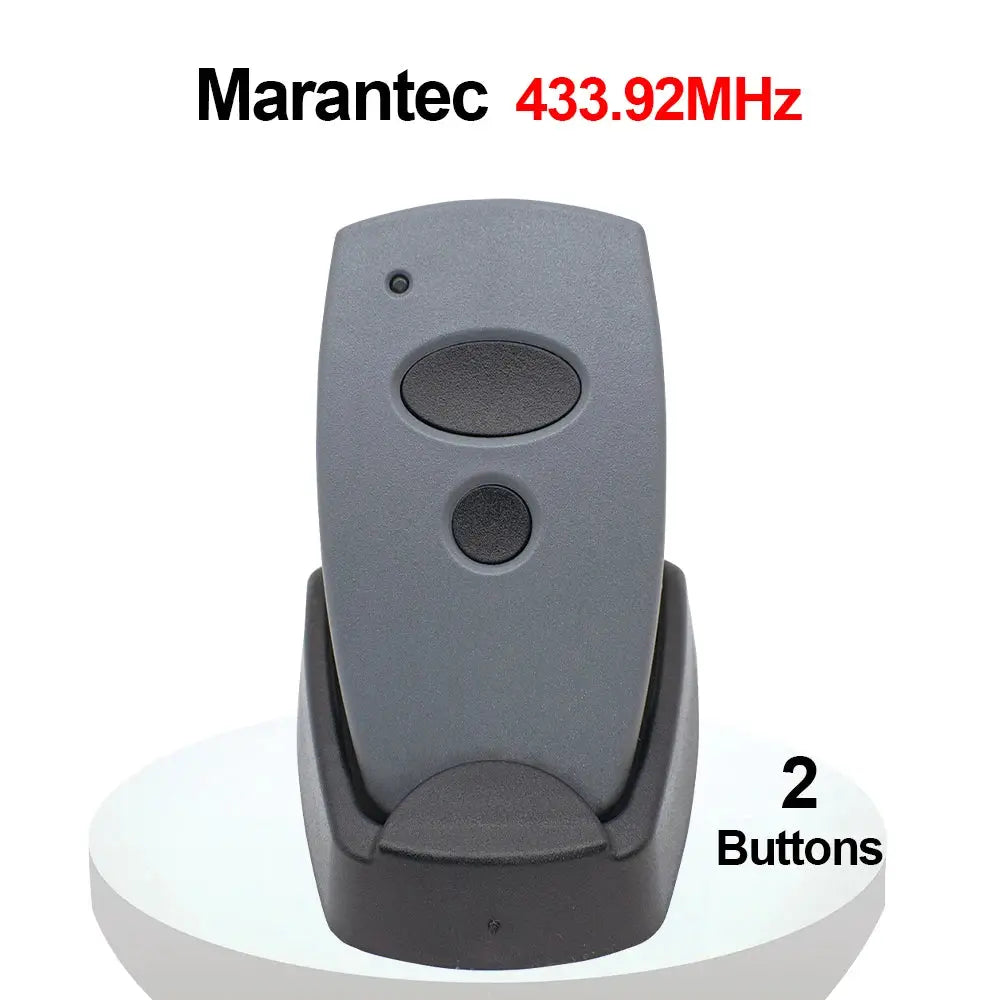 Garage door remote, Marantec, gray plastic with 2 buttons on charging stand