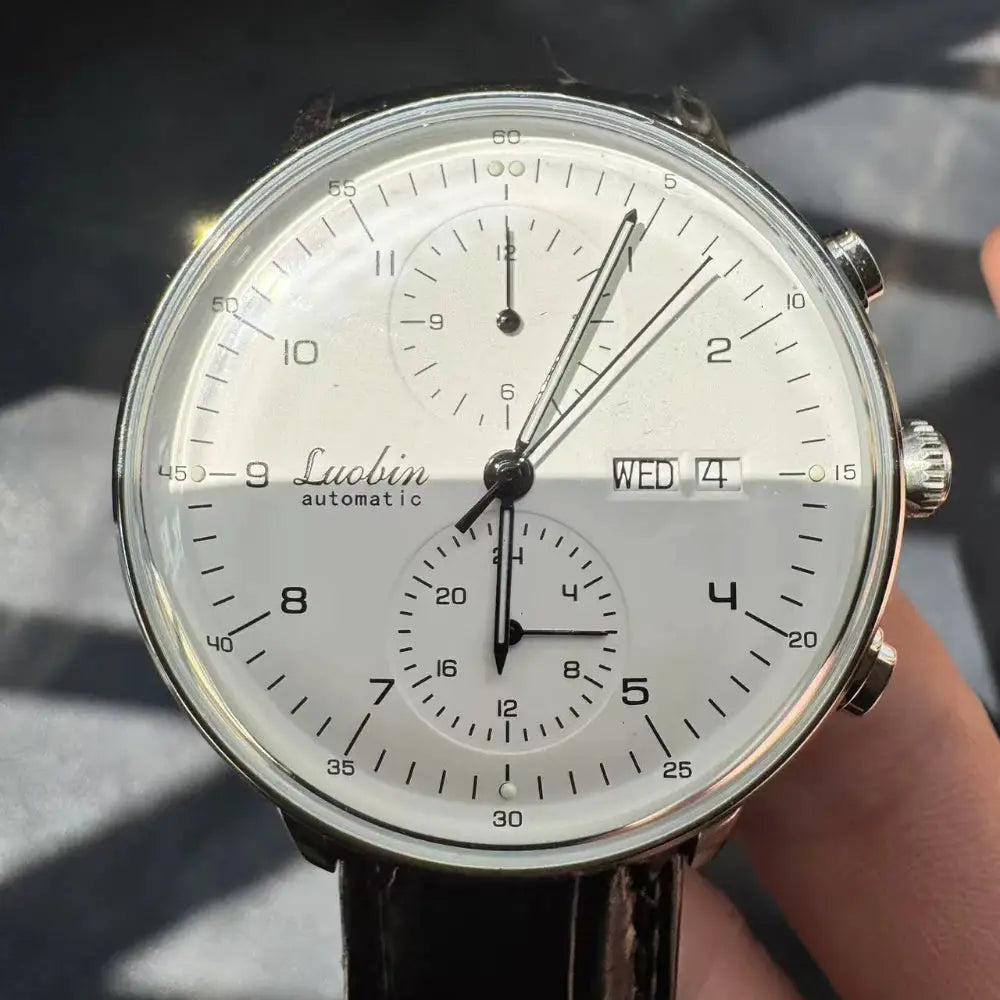 Men's Luobin automatic mechanical watch with white dial, stainless steel case and black leather strap