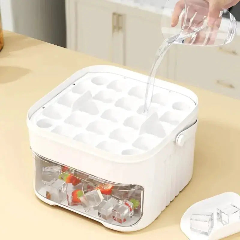 Ice cube mold, white 50-grid, press-type double-layer with lid and clear storage drawer