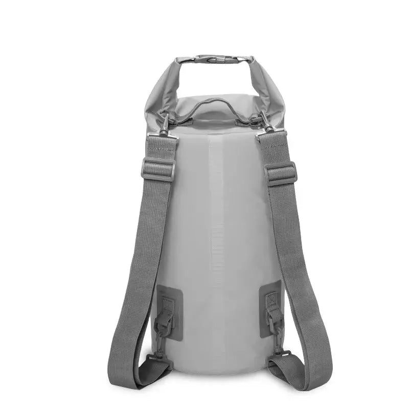 PVC waterproof dry bag by Simples Market with double gray shoulder straps and roll-top closure