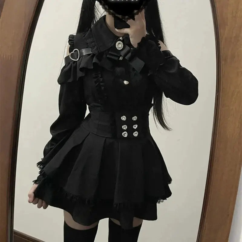 Y2K Lolita Bow Dress Shorts Set Gothic Lace Flare Sleeve Shirt Dress