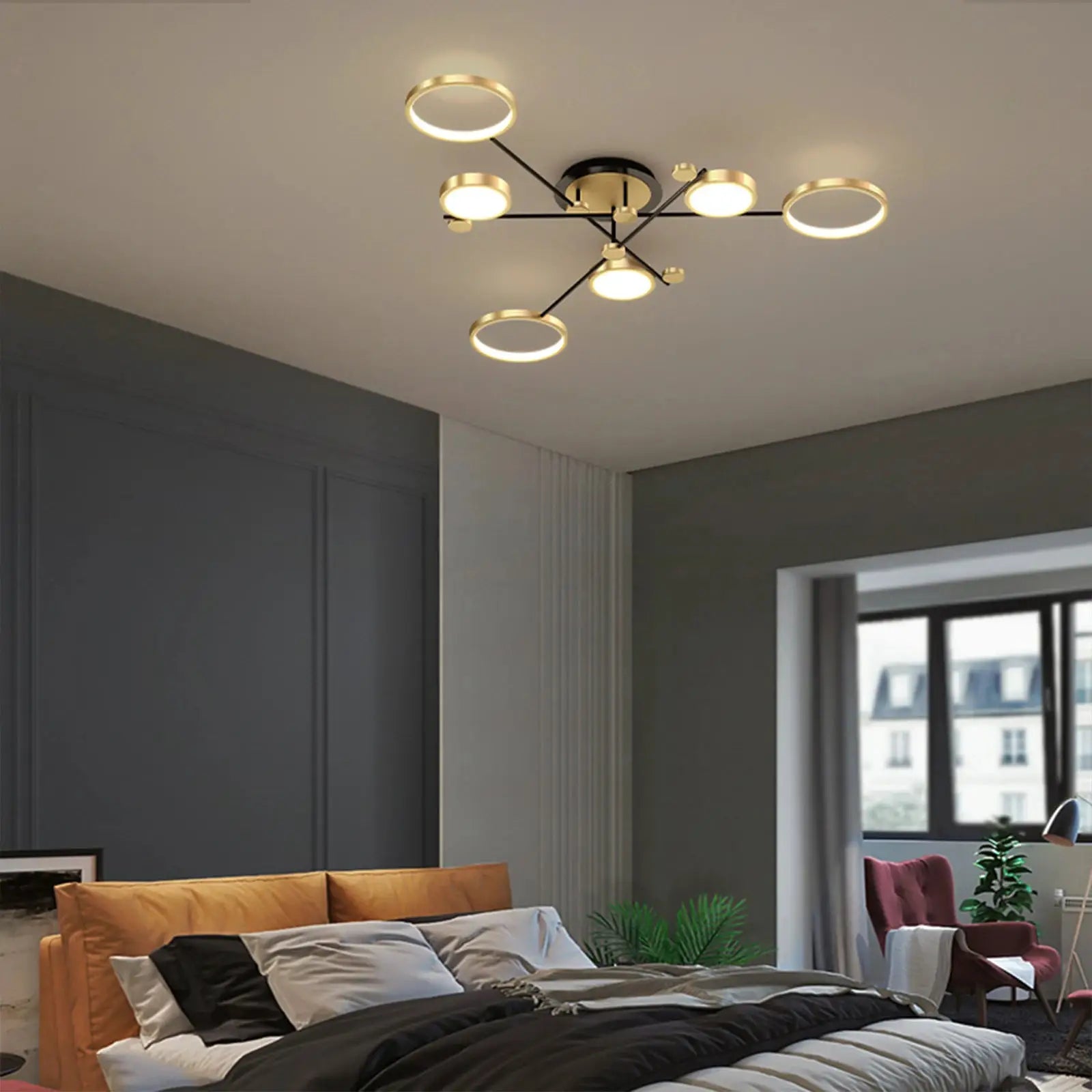 New Modern LED Chandelier by Simples Market, gold ceiling lamp with circular ring accents for living room or bedroom