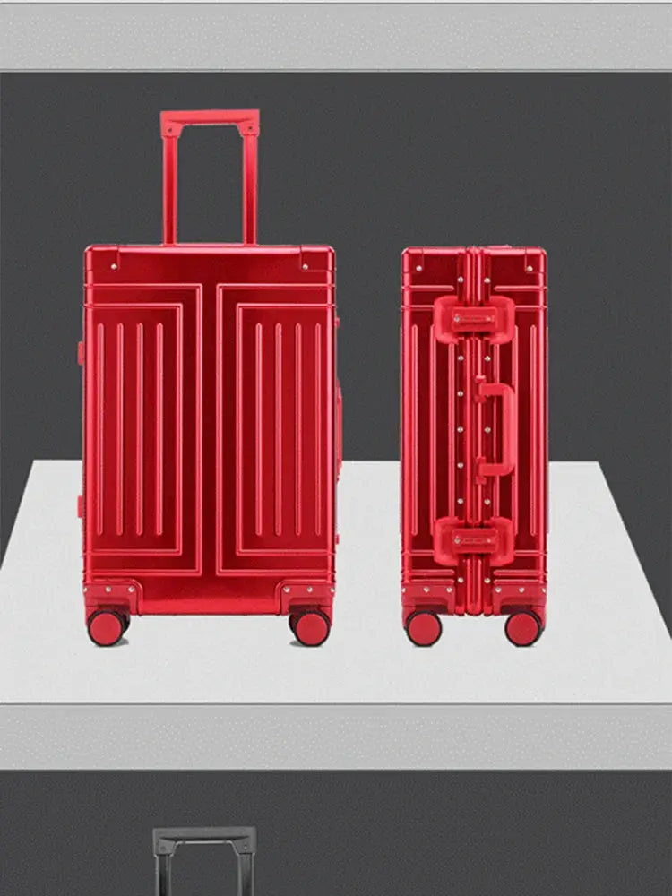 Two red aluminum-magnesium travel suitcases, 20/24/28 inch rolling luggage set, front and back views