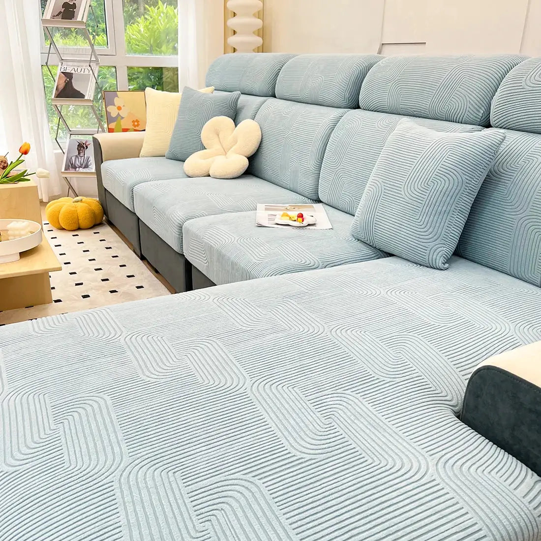 Sofa seat cushion cover set in light blue jacquard, stretchable, removable and washable by Simples Market
