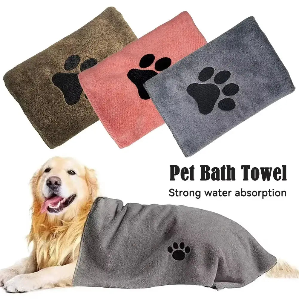 Simples Market microfiber pet bath towel set of 3 with paw print embroidery in brown, pink, gray; dog wrapped in gray towel