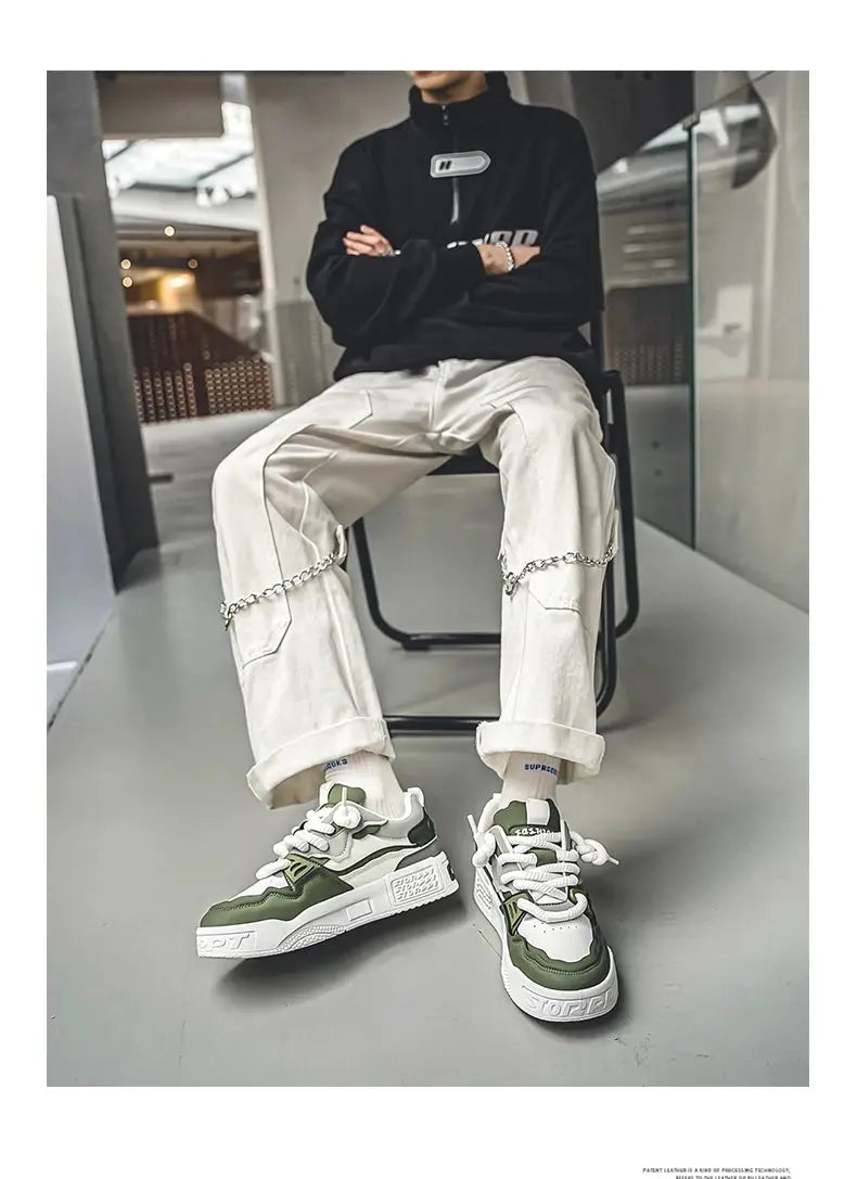 Men's skate shoes, white and olive green with chunky sole, lace-up non-slip sneakers