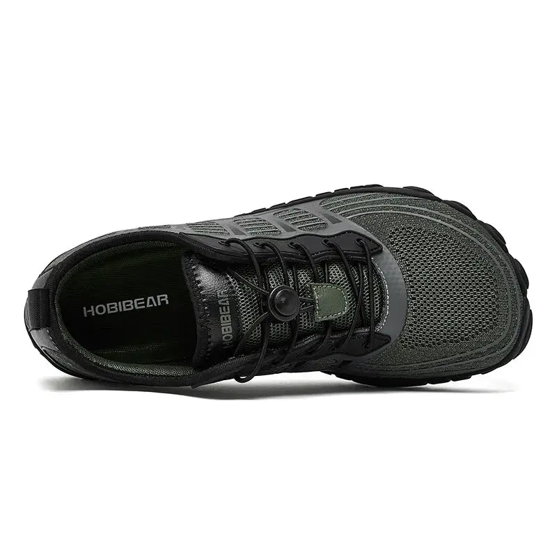 HOBIBEAR barefoot sneakers, olive green mesh upper with elastic lacing and toggle, wide toe design