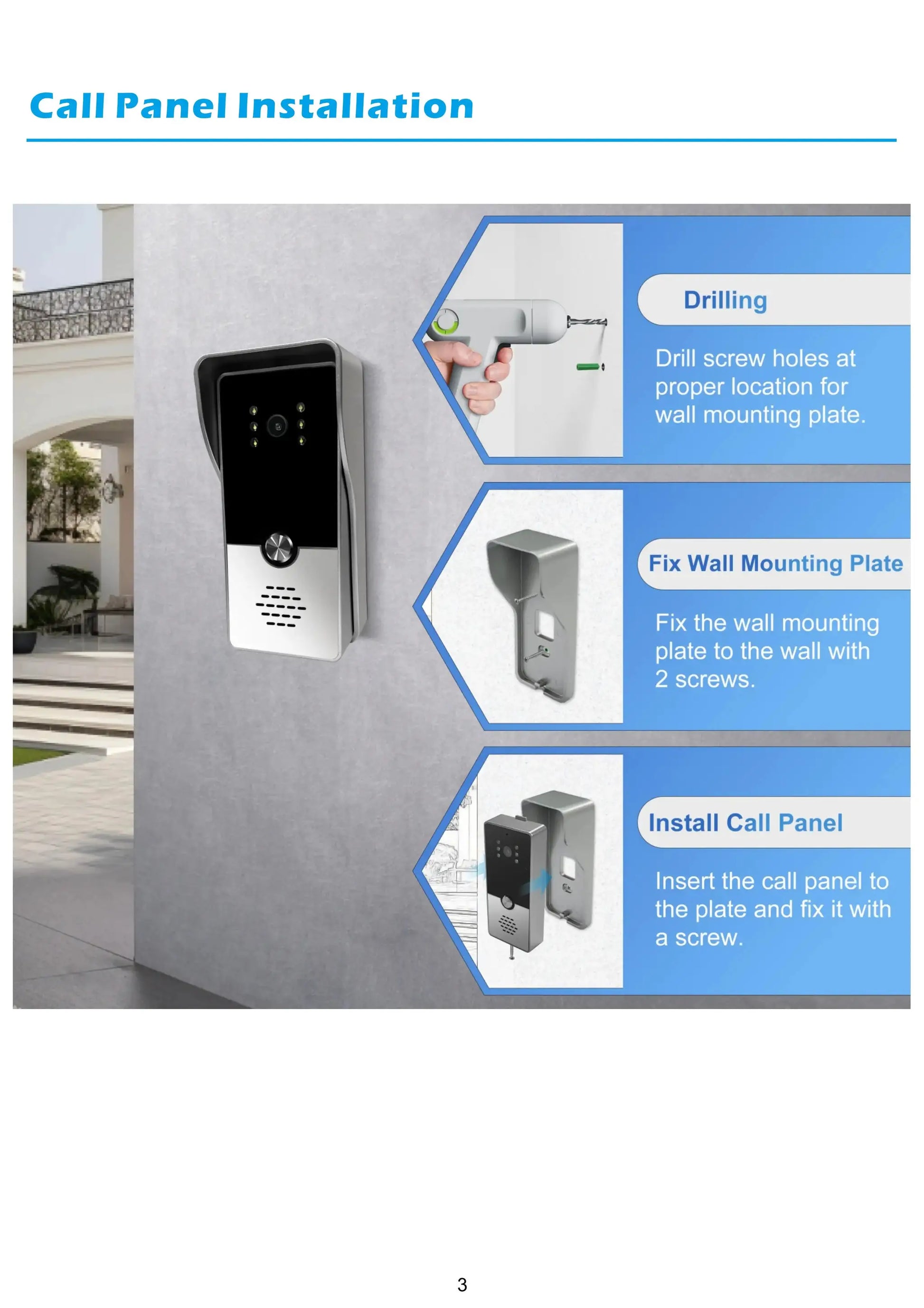 7-inch indoor video intercom system by Simples Market on gray wall with installation steps infographic