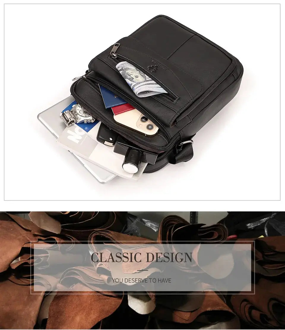Simples Market HUMERPAUL genuine leather small messenger bag for men in black with multiple zip pockets.