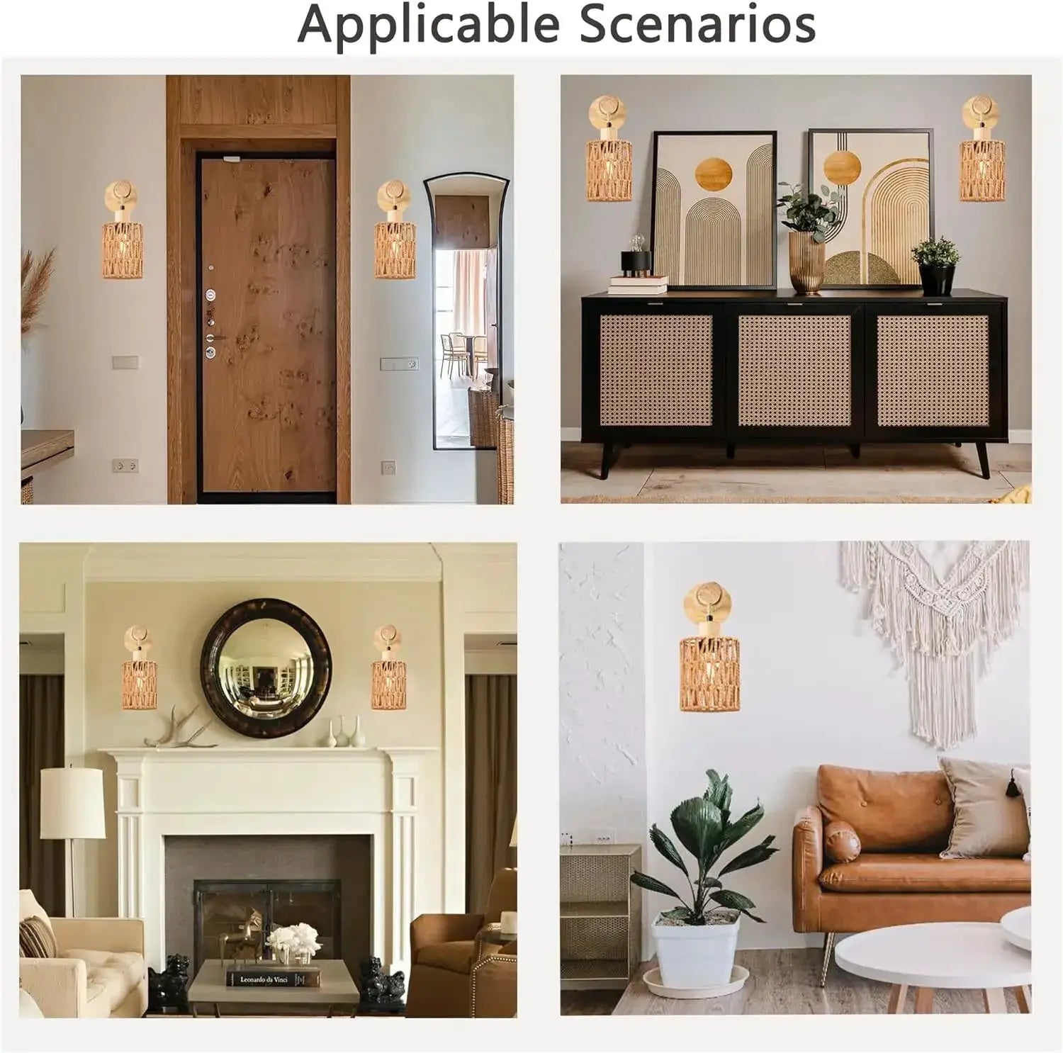 Hemp rope cylindrical wall lamps with woven shades; farmhouse bedroom decor, set of four shown in various rooms.