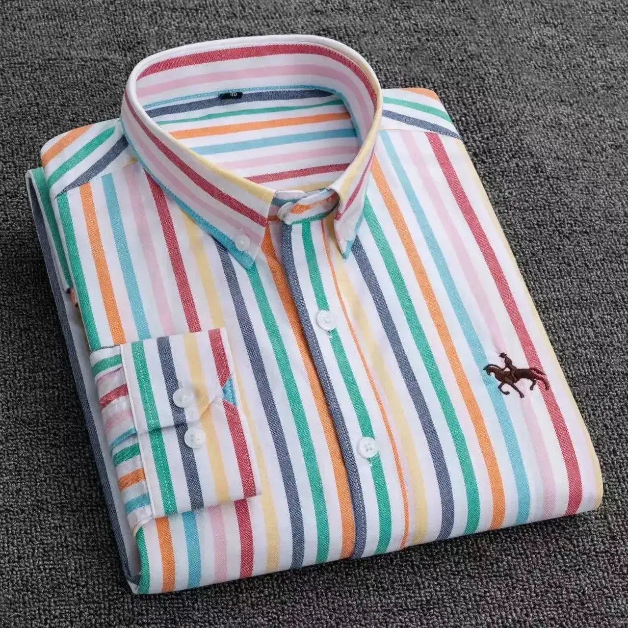 Large size men's striped cotton oxford shirt by Simples Market with rainbow pastel colors and small horse logo