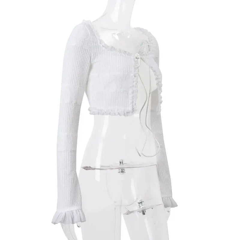 Y2K Ruffle Tiered Mini Skirt Co Ord Set Tie Front Top 2 Piece Elegant