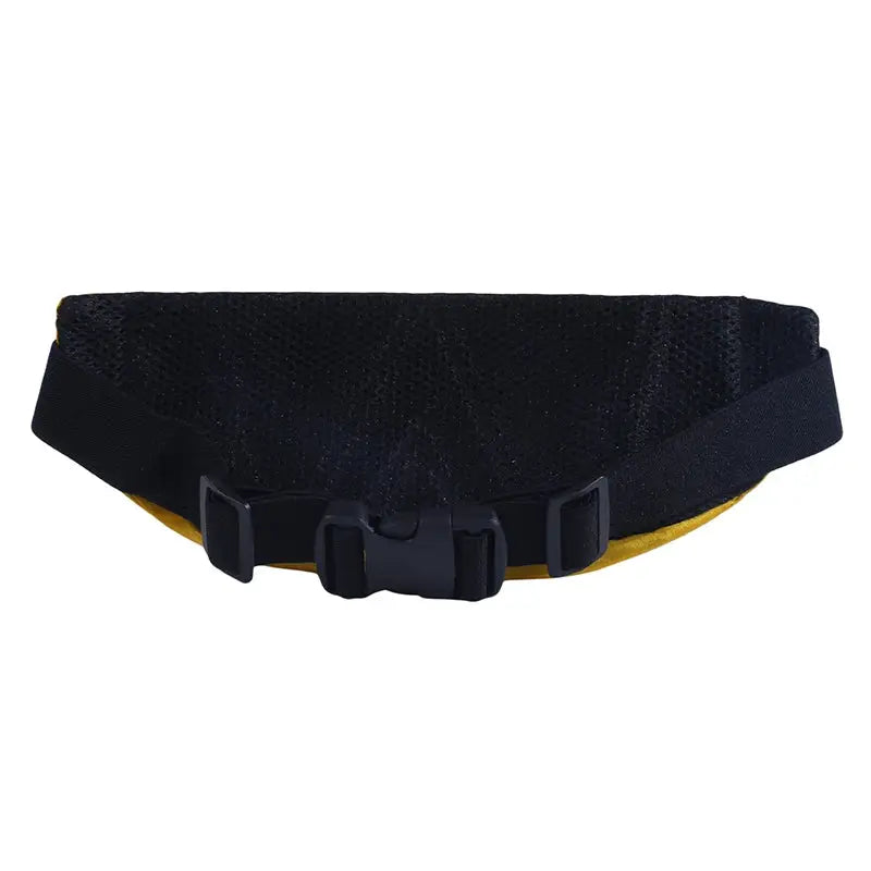 Fanny pack waist bag for running, black mesh with yellow trim, adjustable strap and buckle