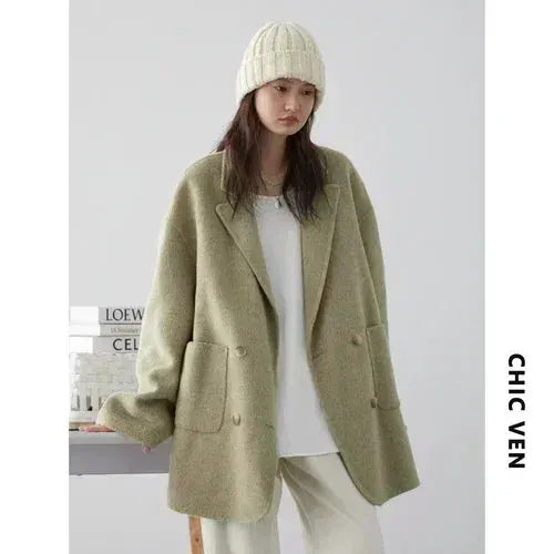 Chic Ven Womens Woolen Coat Loose Casual Fit Retro Double Breasted Outerwear For Autumn And Winter