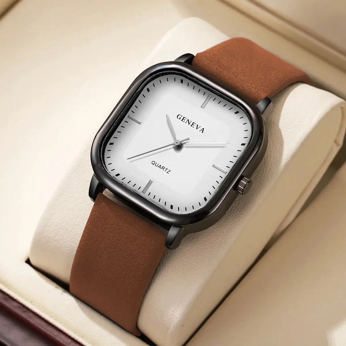 Simples Market square-dial men's quartz watch with brown leather strap and black case