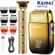Kemei TX10 electric shaver for men, gold finish with adjustable guard combs and USB charging cable