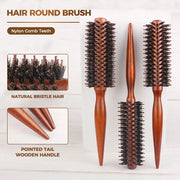 3-piece round hair brush set with wood handles and boar bristles