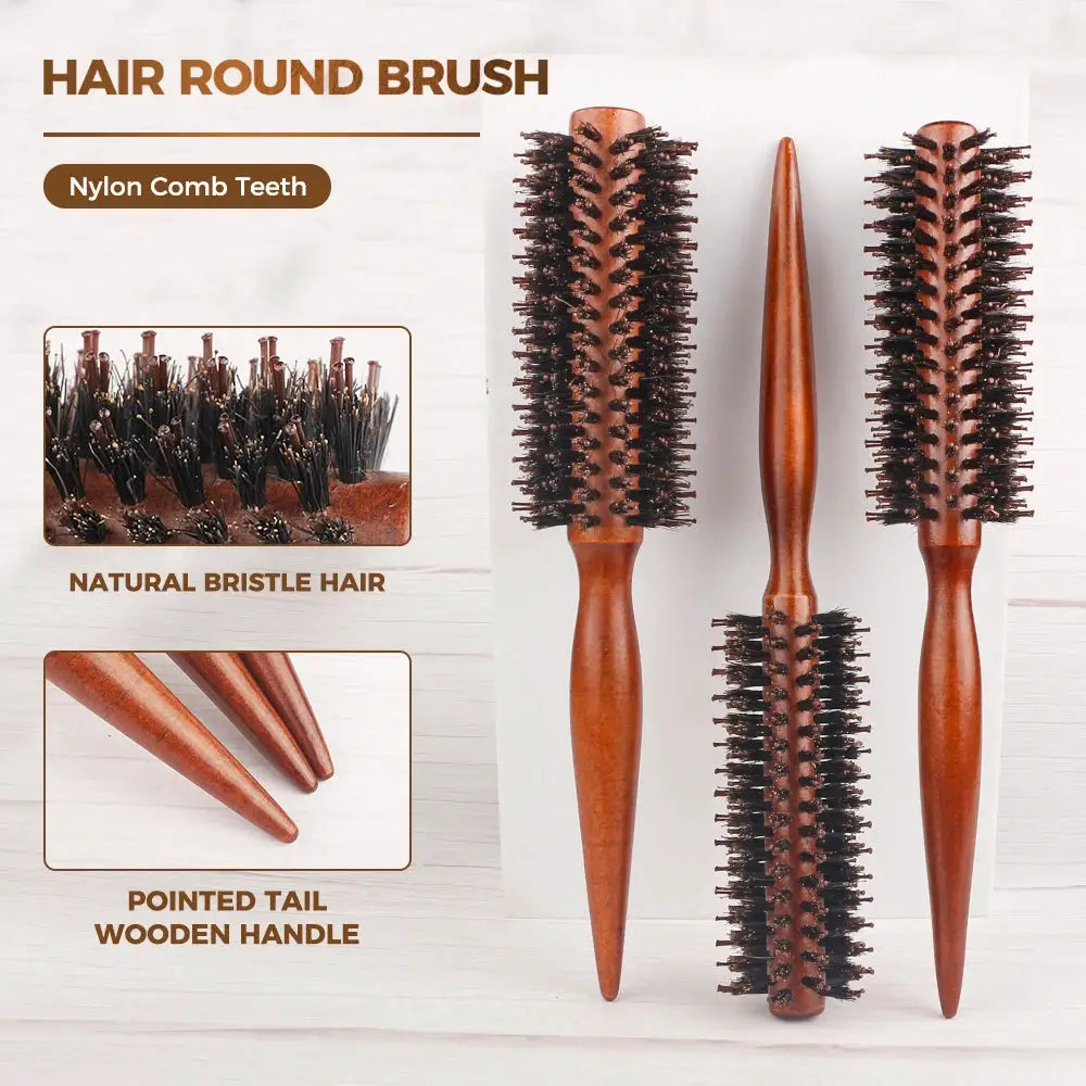 3-piece round hair brush set with wood handles and boar bristles