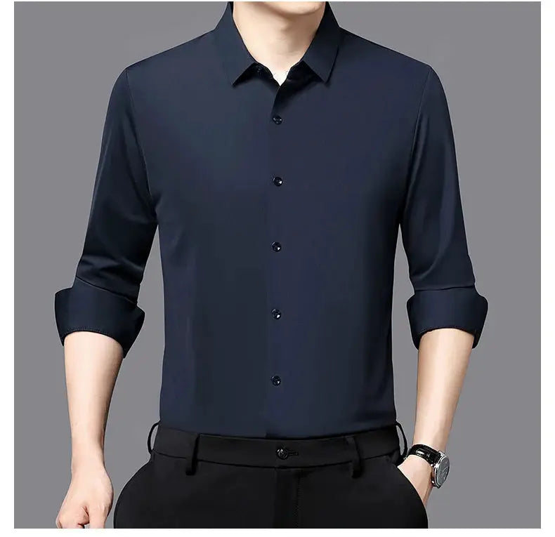 Premium men's ultra-stretch navy dress shirt, long sleeves rolled up, sleek business-formal style for office wear