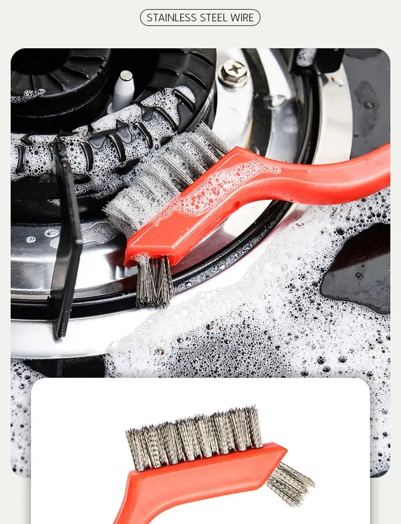 7-inch stainless steel wire cleaning brush set with red handles; Simples Market 3-piece rust removal tools.