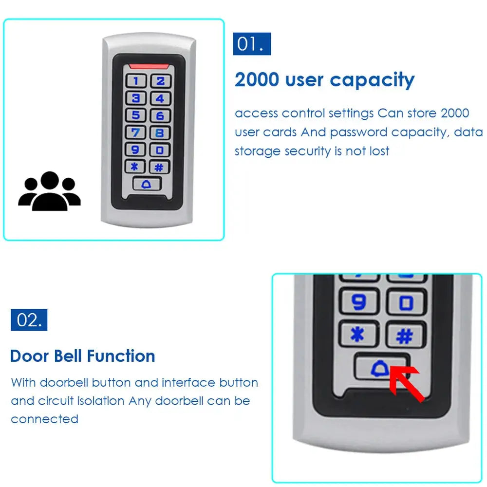 LED backlit metal keypad RFID reader by Simples Market, 125khz access control, 2000-user capacity and doorbell function