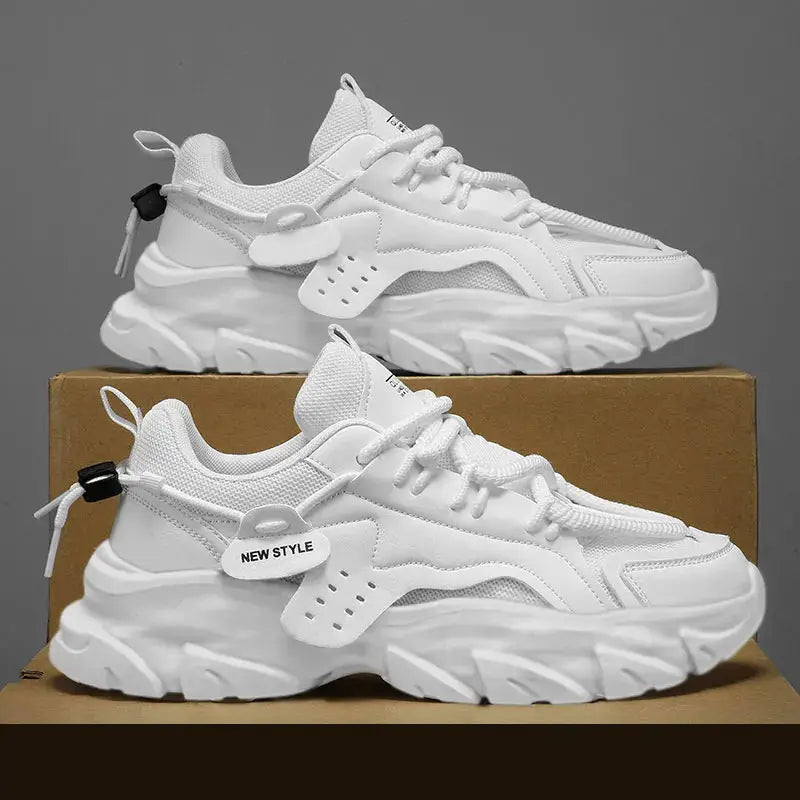 Men's white sneakers with breathable mesh and thick chunky soles