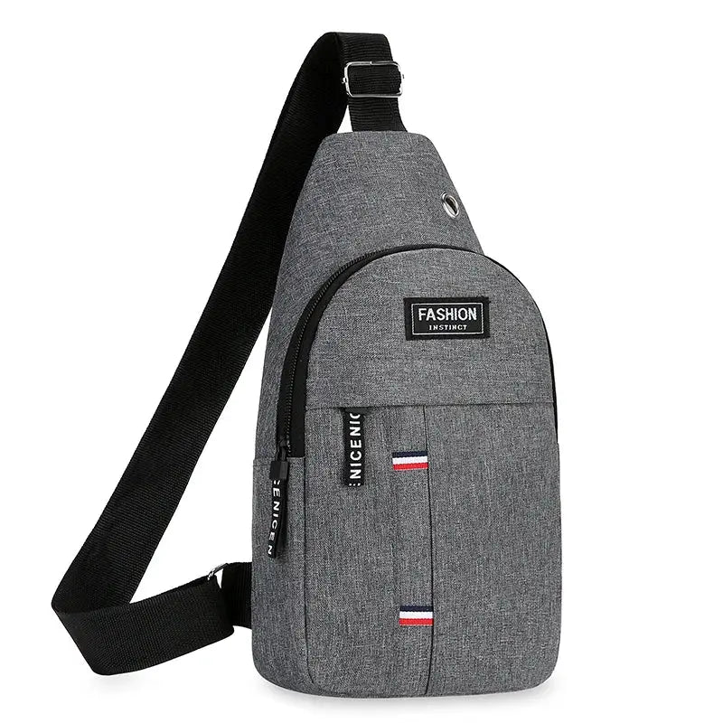 Chest bag crossbody in gray fabric with black strap, front patch Fashion Instinct and flag stripes, large capacity