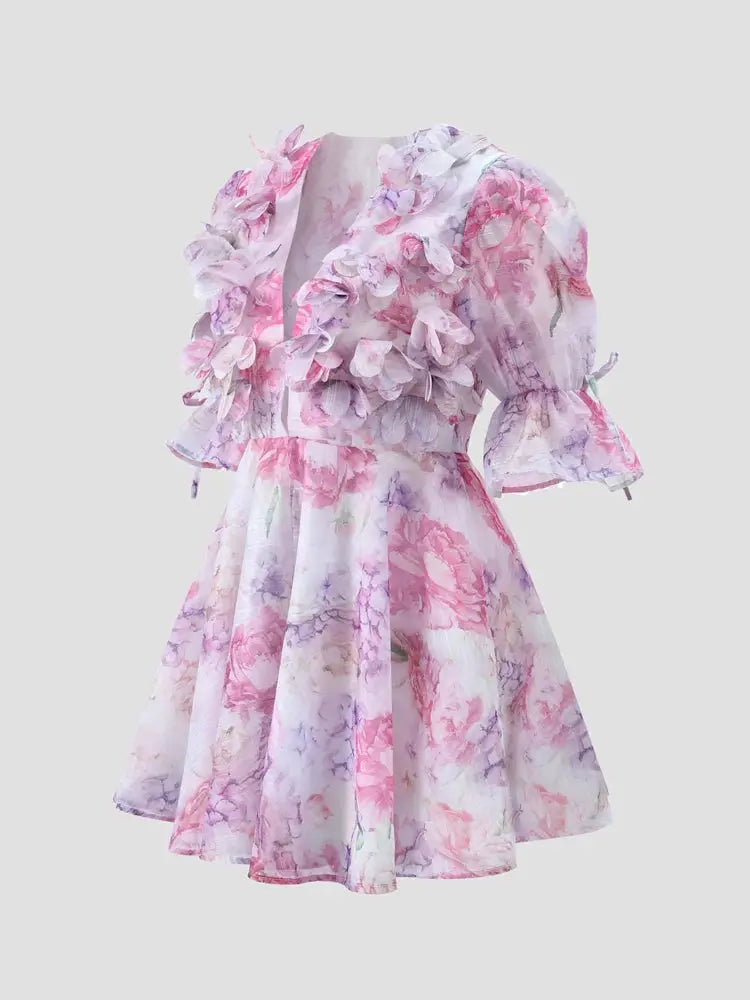 Floral Printed Backless Mini Dress Sleeveless A Line Party Clubwear