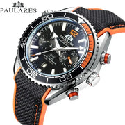 PAULAREIS P luxury men's automatic watch with black dial, orange accents, stainless steel case, rubber strap