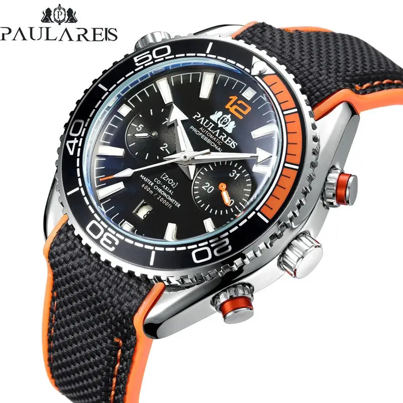 PAULAREIS P luxury men's automatic watch with black dial, orange accents, stainless steel case, rubber strap