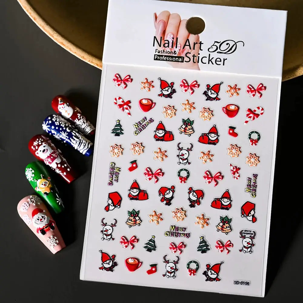 Winter Christmas nail sticker sheet by Simples Market – self-adhesive, assorted snowmen, snowflakes, candy canes, trees.