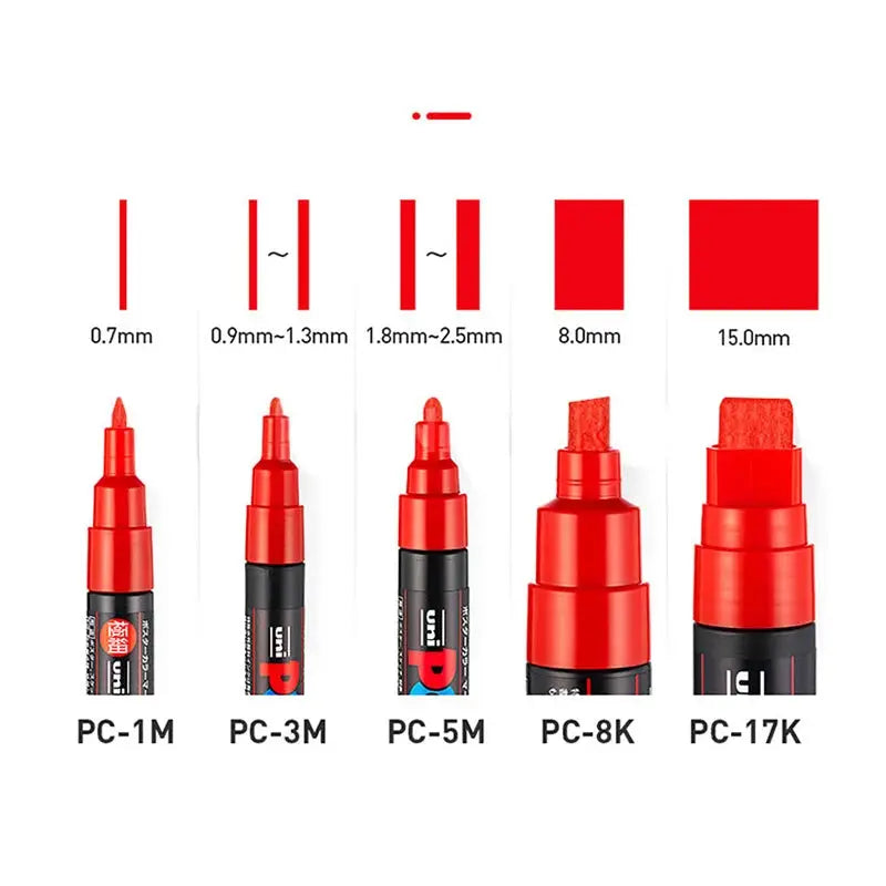 Uni Posca paint marker pens set of 5 PC-1M PC-3M PC-5M PC-8K PC-17K with red caps in vinyl pen case, Simples Market