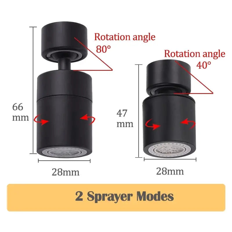 Dual-function faucet aerator with 2 spray modes; black compact nozzle with 360° swivel